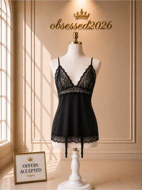 Black Lace Babydoll Chemise with Garter Straps - obsesse d2026